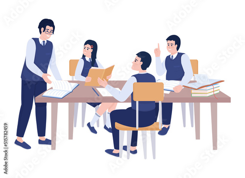 Private school students working on group project semi flat color vector characters. Editable figures. Full body people on white. Simple cartoon style illustration for web graphic design and animation