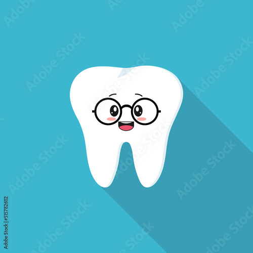 Illustration of a healthy cute white tooth with a kawaii style face, smiling face in a flat style. Vector icon for dentistry.