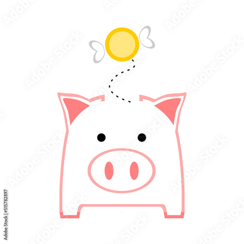 Empty no money pink piggy bank saving with golden coin flying flat vector icon design.