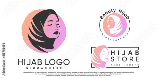 Set of hijab for moslem fashion logo design with creative element Premium Vector