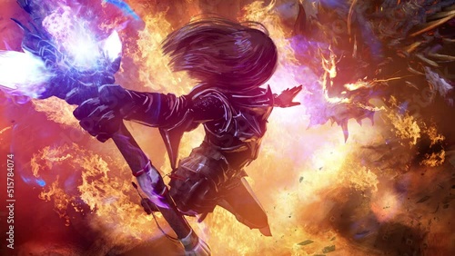 A fearless warrior girl in plate armor with a fiery magic blue sword soared into the sky to deliver a fatal blow to the demonic dragon monster that destroys  the city below. clean looped 2d animation