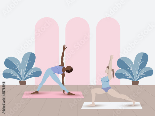 Curve woman and black woman doing yoga in yoga class. 
