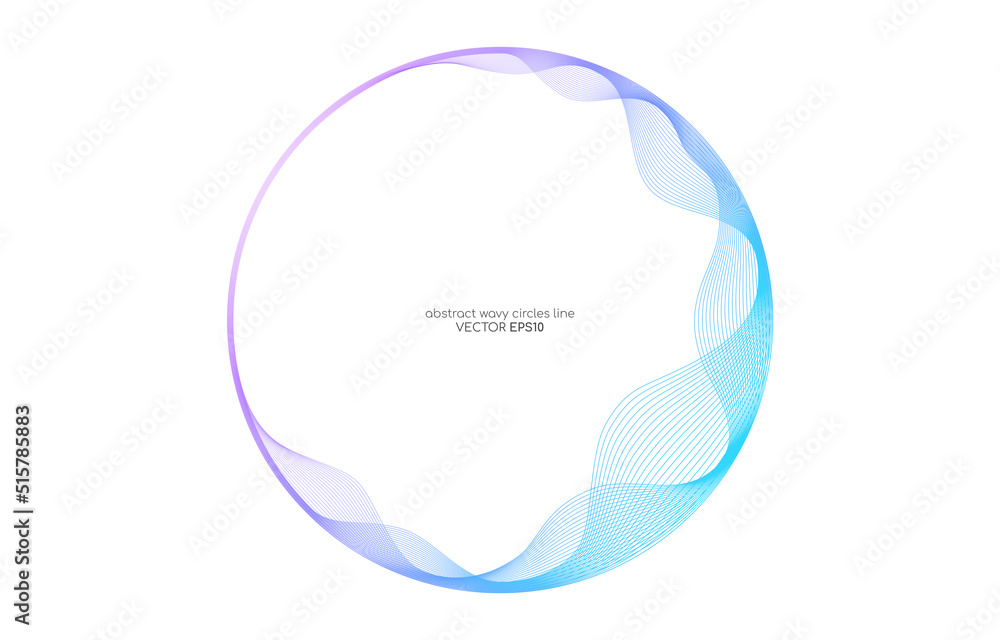 Vector abstract circles lines wavy in round frame colorful blue purple gradient isolated on white background with empty space for text in concept technology, digital, music, science. Vector abstract circles lines wavy in round frame colorful blue purple gradient isolated on white background with empty space for text in concept technology, digital, music, science.