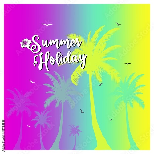 Summer holiday. Modern wallapaper, illustration, design with flat palm trees on bright colorful trendy gradient background. Vivid cheerful summer flyer, poster, fabric print design in vector