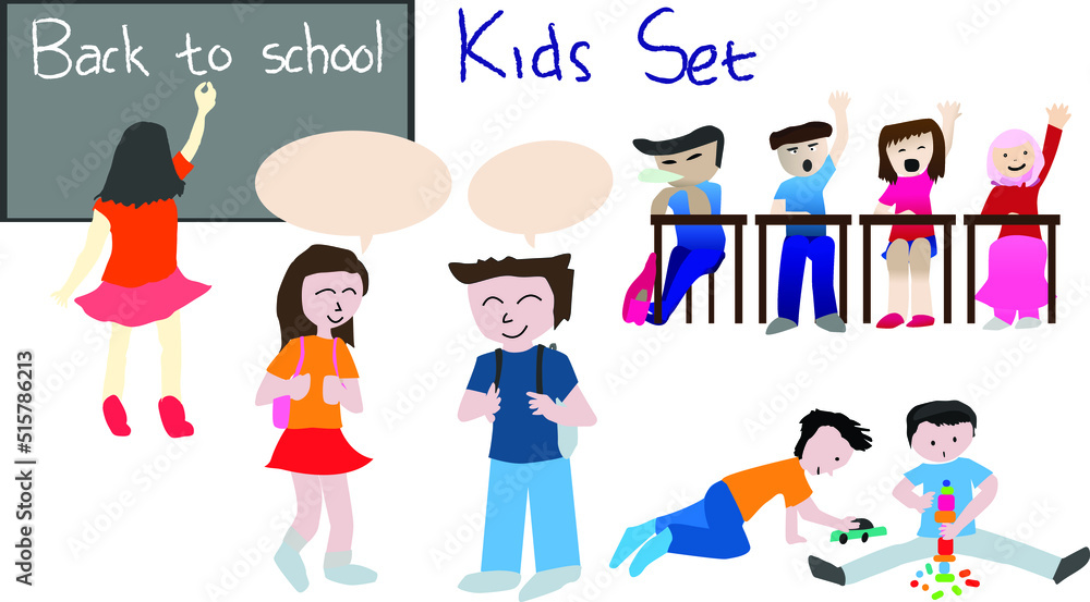 illustration of a group of kids set with theme: Back to school, playing, talking, studying, and sleeping in the classroom with funny expression illustration of a group of kids set with theme: Back to school, playing, talking, studying, and sleeping in the classroom with funny expression