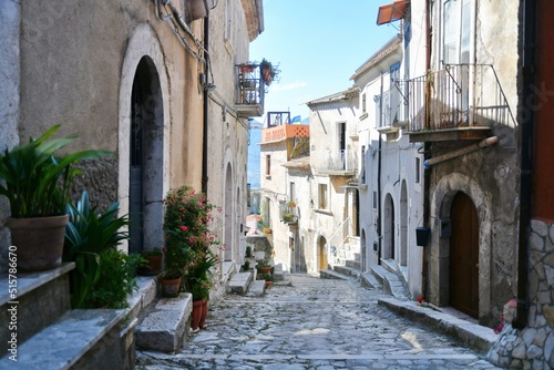 A narrow street between the old houses of Guardia Sanframondi  a village in the province of Benevento  Italy.