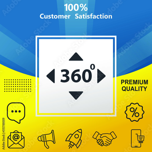360 degree angle vector glyph color icon. With yellow and blue background option 01