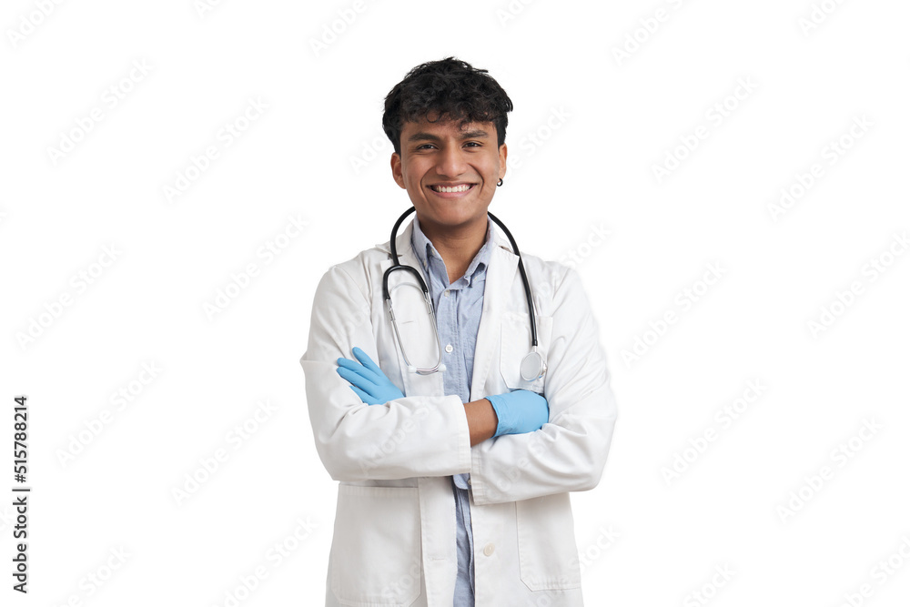 Young peruvian male doctor with arms crossed smiling and looking at camera. Isolated over white background. Young peruvian male doctor with arms crossed smiling and looking at camera. Isolated over white background.