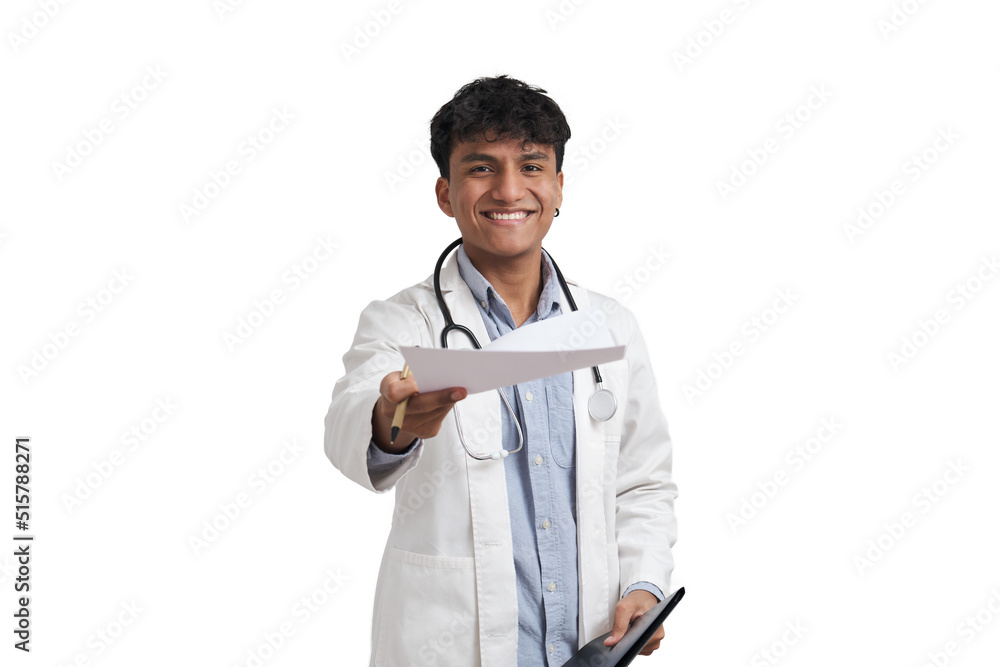 Young peruvian male doctor handing medical report to the camera. Isolated over white background. Young peruvian male doctor handing medical report to the camera. Isolated over white background.