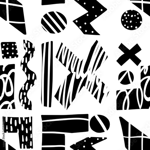 Vector geometric seamless pattern. RBlack and white doodle abstract background photo