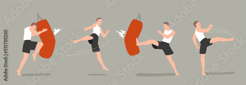 Various movements of kickboxers training in the gym. flat design style vector illustration.