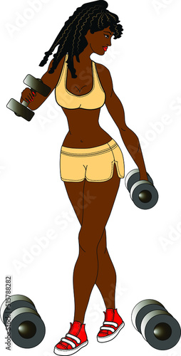 Beautiful   girl with dumbbells in the gym. Vector.