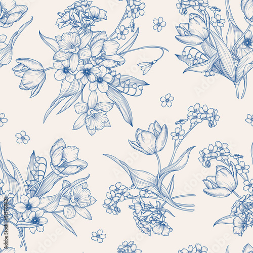 Vintage floral seamless pattern. Spring flowers in graphic style. Blue, retro