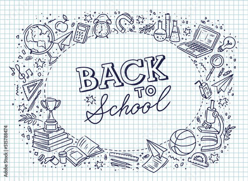 School background with hand drawn school supplies text Back to School. Lettering vector against the background of a notebook sheet in a cage