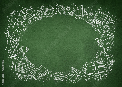 Vector doodle frame Back to school with school supplies on green chalkboard background
