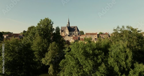 Aerial view of the church of Montrésor during sunset in France. photo