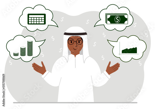 Happy muslim man thinking about finances. In my thoughts money, calculator, charts. For posters, banners, websites.