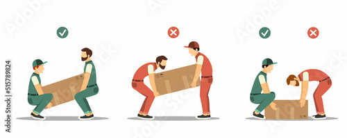 lifting technique. workers load heavy boxes safety and body ergonomic positions. Vector illustrations in cartoon style