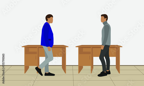 Two male characters stand near desks and look at each other