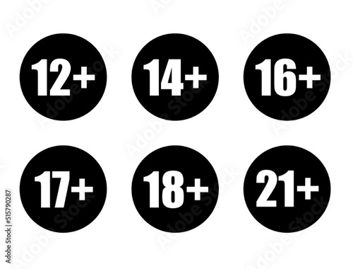 Adults content only age restriction 12, 14, 16, 17, 18, 21 plus years old icon signs set  vector illustration