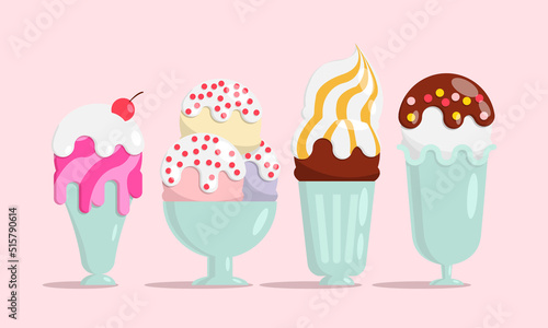 A set of different flavors of ice cream in beautiful bowls. Cartoon icons set. Dishes for ice cream. Various favorites, colors and shapes. Delicious, refreshing summer dessert. Ice cream cafe set