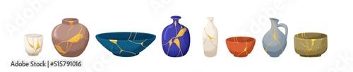 Kintsugi ceramics. Reborn pottery from broken tableware, repaired with gold line patterns. Vintage Japanese vases, bowls set. Colored flat graphic vector illustrations isolated on white background