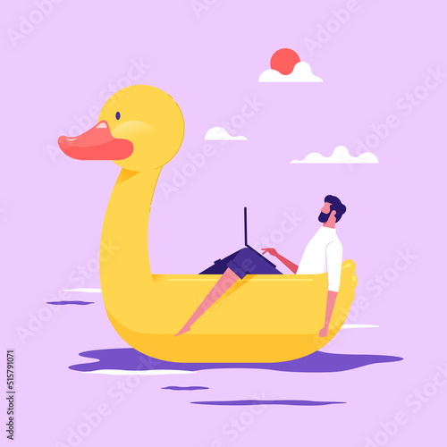 Freelance lying on floating ring relax at sea work online on laptop. Man use computer enjoy remote job on summer holiday or vacation. Outsourcing, freelance. Vector illustration