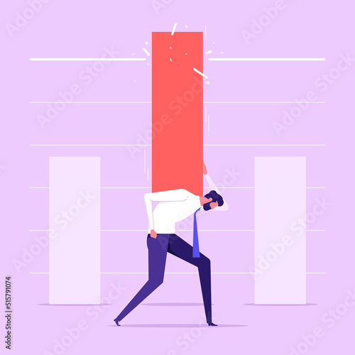 Man crushing ceiling by upward arrows. Concept of breaking limits, exceeding boundaries, overcoming obstacles, business progress and development. Flat vector illustration 