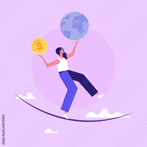 Woman with money and planet earth on rope, balancing money and nature, eco environmental balance concept