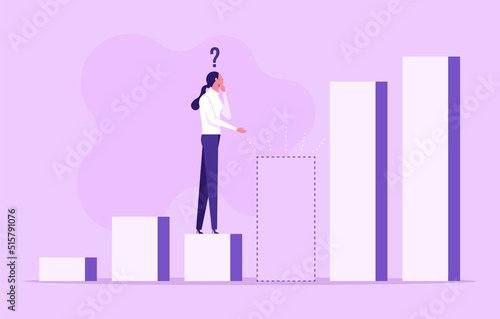 Businesswoman thinks over how to overcome obstacles on the way to business success. Hurdle on way concept. Overcome obstacles. Business competition.