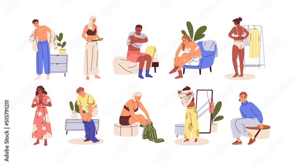 © Good Studio - People dressing, undressing set. Men and women characters putting on, taking off, unclothing, changing clothes, shoes, underwear, pants. Flat graphic vector illustrations isolated on white background