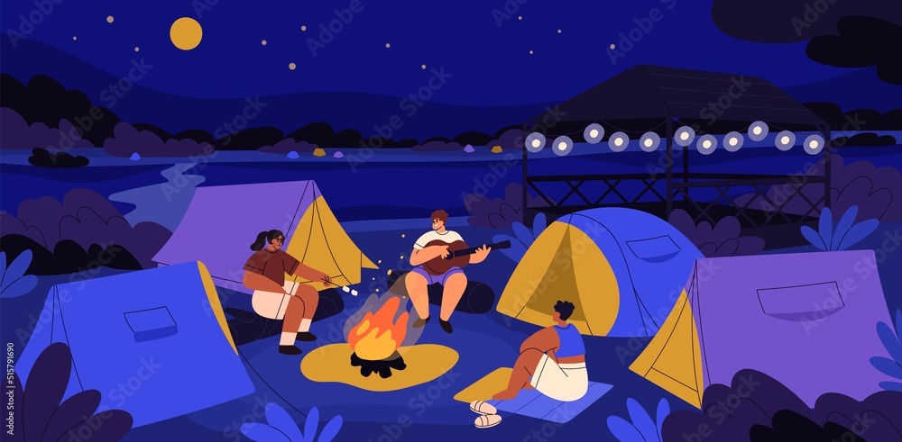 Naklejka premium Night tent camp with people sitting around fire. Campers resting in nature on summer holidays, playing guitar, singing songs at campfire. Tourists friends at bonfire outdoors. Flat vector illustration