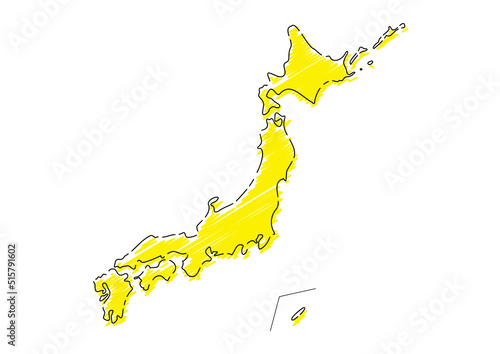 ラフな手描きの日本列島　黒主線　黄色