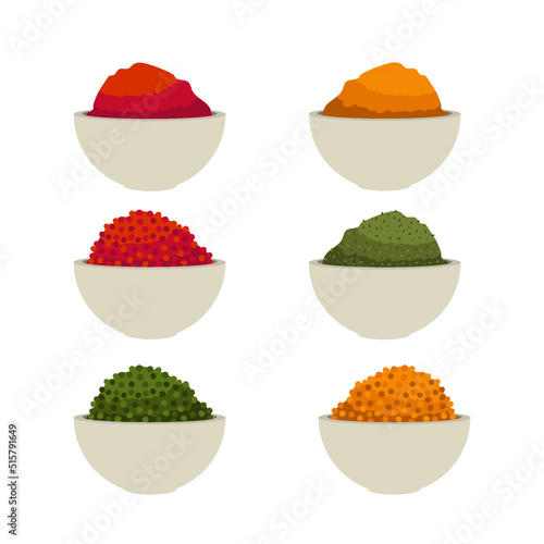 six different spices in bowls