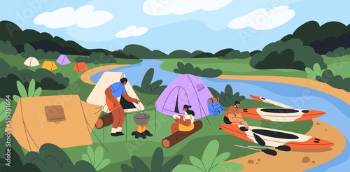 Tent camp with campers cooking food with bonfire at river bank. People resting in nature outdoors. Summer landscape with tourists at campsite, campground on vacations. Flat vector illustration