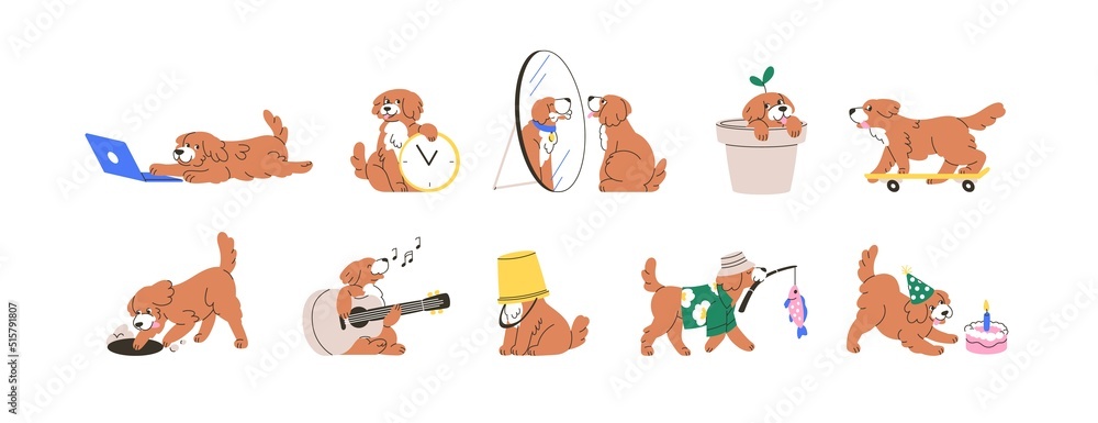 Obraz Cute dog set. Business, psychology concepts. Funny animal with hobby, work, life activities. Happy puppy and time management, fishing, playing. Flat vector illustrations isolated on white background fototapeta, plakat