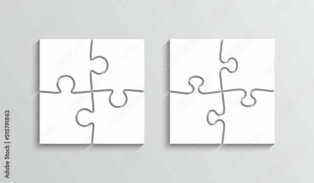 Puzzle pieces set with 4 pieces. Scheme of thinking game. Jigsaw outline grid. Modern background with separate shapes. Mosaic silhouette. Cutting template. Simple frame tiles. Vector illustration. Puzzle pieces set with 4 pieces. Scheme of thinking game. Jigsaw outline grid. Modern background with separate shapes. Mosaic silhouette. Cutting template. Simple frame tiles. Vector illustration.