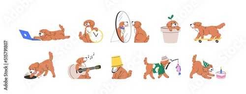 Cute dog set. Business, psychology concepts. Funny animal with hobby, work, life activities. Happy puppy and time management, fishing, playing. Flat vector illustrations isolated on white background