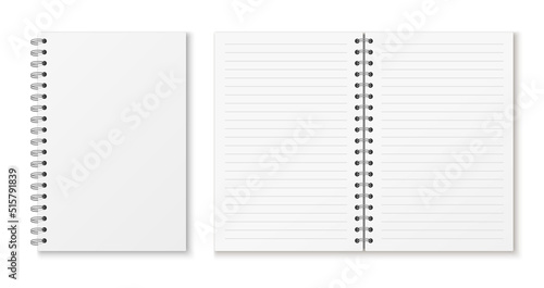 Mockup blank lined notebook  isolated on white background. Spiral copybook or organizer.