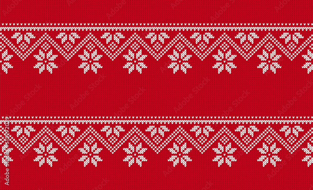 Christmas knit seamless pattern. Red knitted print background with zigzag and snowflkes. Xmas winter texture. Holiday fair isle traditional ornament. Wool backdrop. Vector illustration. Christmas knit seamless pattern. Red knitted print background with zigzag and snowflkes. Xmas winter texture. Holiday fair isle traditional ornament. Wool backdrop. Vector illustration.