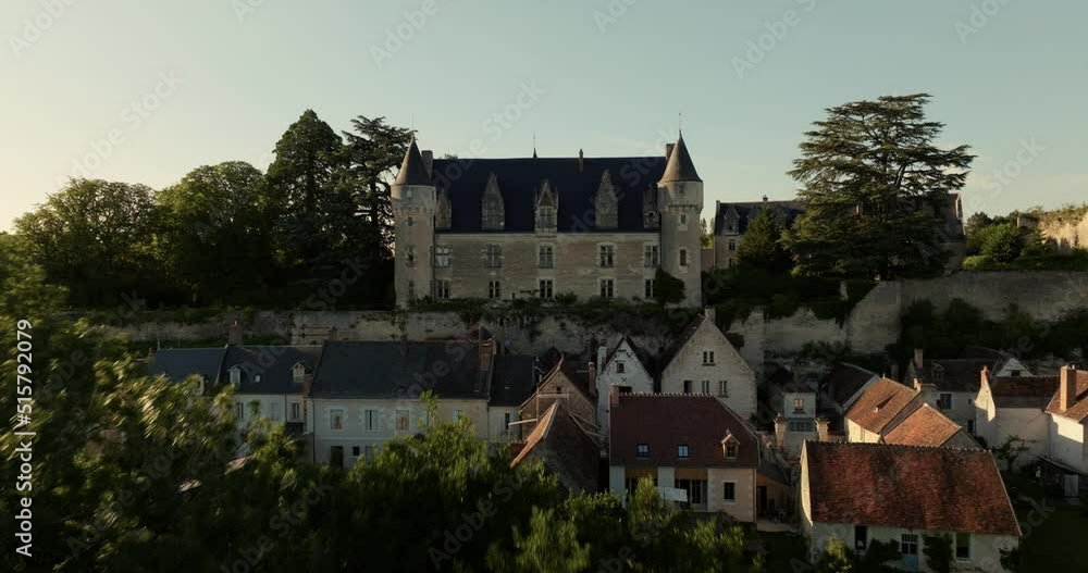 Aerial view of the castle of Montrésor during sunset in France.