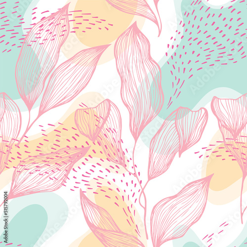 Sketch style doodle line texture leaves over stains and dots seamless vector ...
