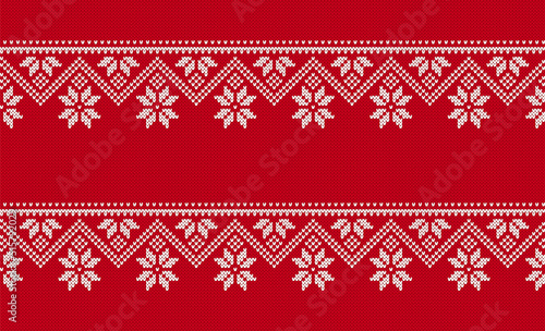 Christmas knit seamless pattern. Red knitted print background with zigzag and snowflkes. Xmas winter texture. Holiday fair isle traditional ornament. Wool backdrop. Vector illustration.