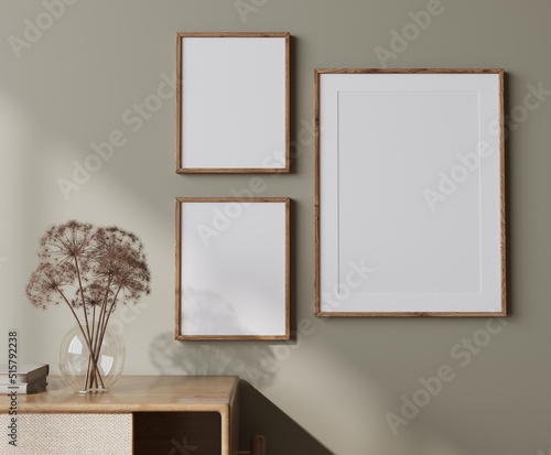 Mockup frame close up in green living room interior background with wooden rattan furniture, 3d render