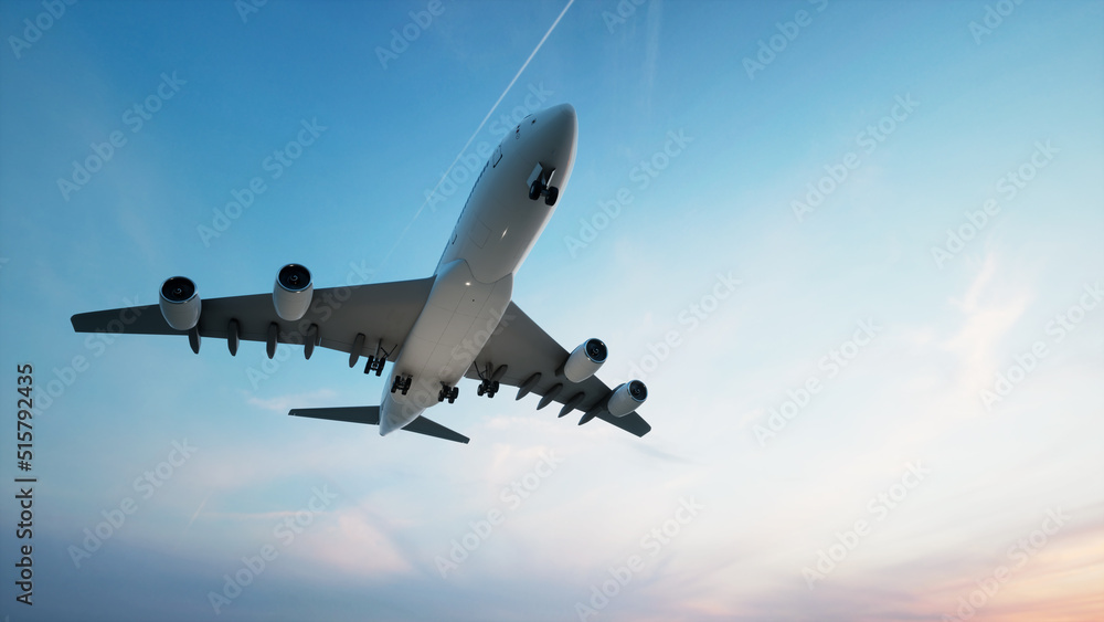 Fototapeta premium Conceptual flying white passenger jetliner or commercial plane after take off rising over a beautiful sky background. 3D illustration for jet transportation, travel industry or modern freedom concept
