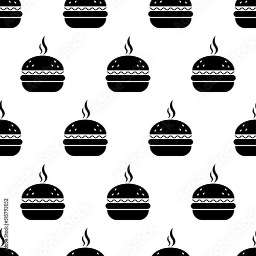 Burger seamless pattern. Fast food background with burger. Icon street food on white background. Burger silhouette. Design for print on fabric, wrapping paper, packing, wallpaper. Vector illustration