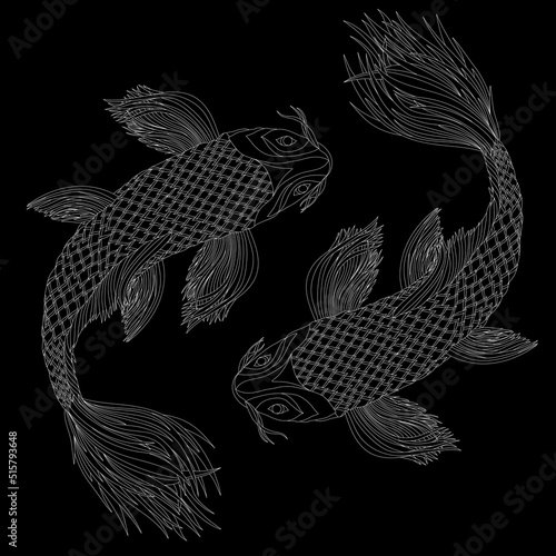 Two Japanese carps in the style of feng shui symbols. Pisces as a zodiac sign. White illustration.