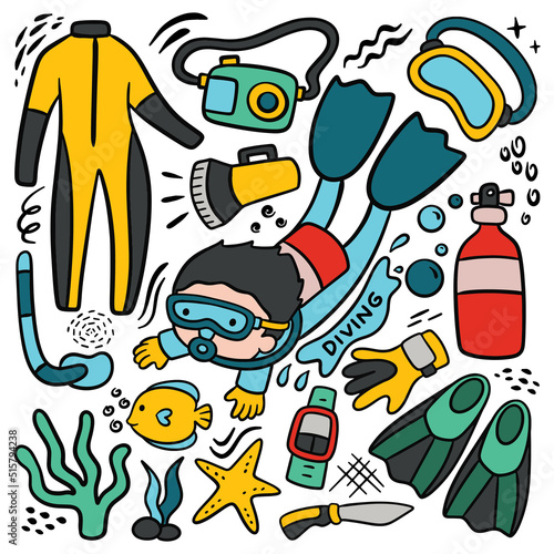 Set of Cartoon Diver and Equipment in Doodle Style Vector 