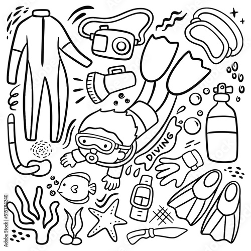 Set of Cartoon Diver and Equipment in Doodle Style Vector 