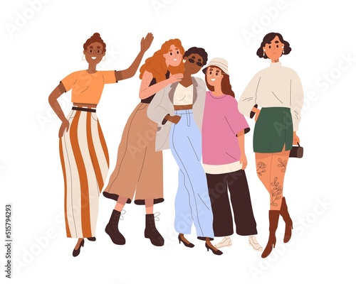 Diverse women portrait. Different girls community. Female friends standing together. Diversity, sisterhood, feminism concept. Girlfriends team. Flat vector illustration isolated on white background